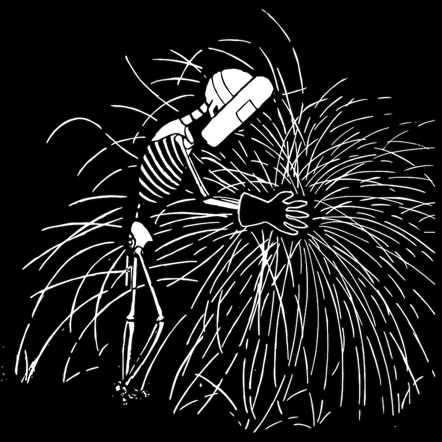 An image of a white hand-drawn illustration featuring a skeleton with a helmet on welding against a black background