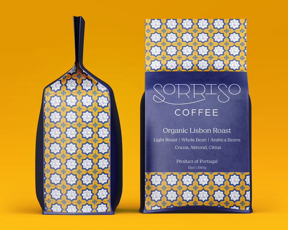 An image of mockups my final coffee bean packaging design for Sorriso Coffee against a yellow background