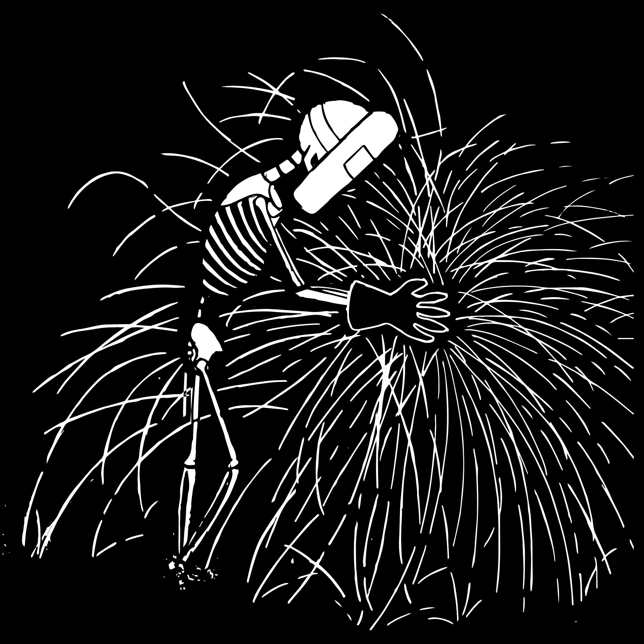 An image of a white hand-drawn illustration featuring a skeleton with a helmet on welding against a black background