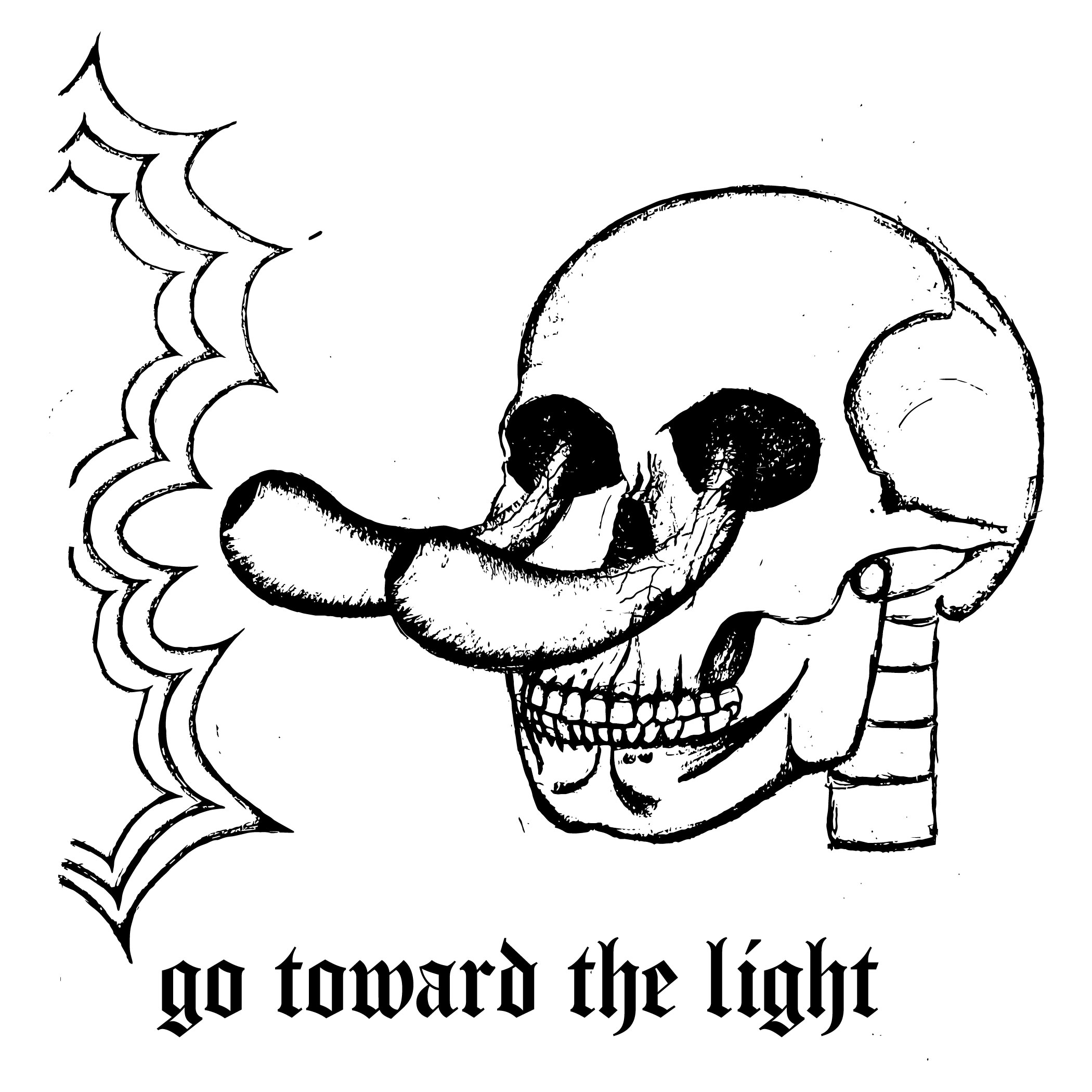 An image of a black hand-drawn illustration featuring a skull with eyes bulging against a white background