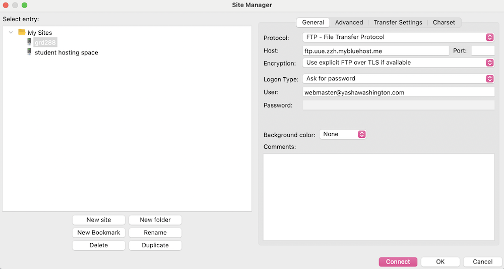 An image of the site manager interface in FileZilla that shows I have set up my FTP account to connect to my hosting space