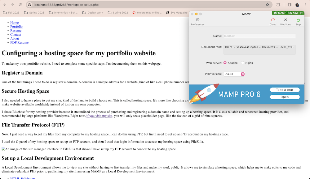 An screenshot of a computer screen with MAMP running and a browser showing a page open on localhost in the background.