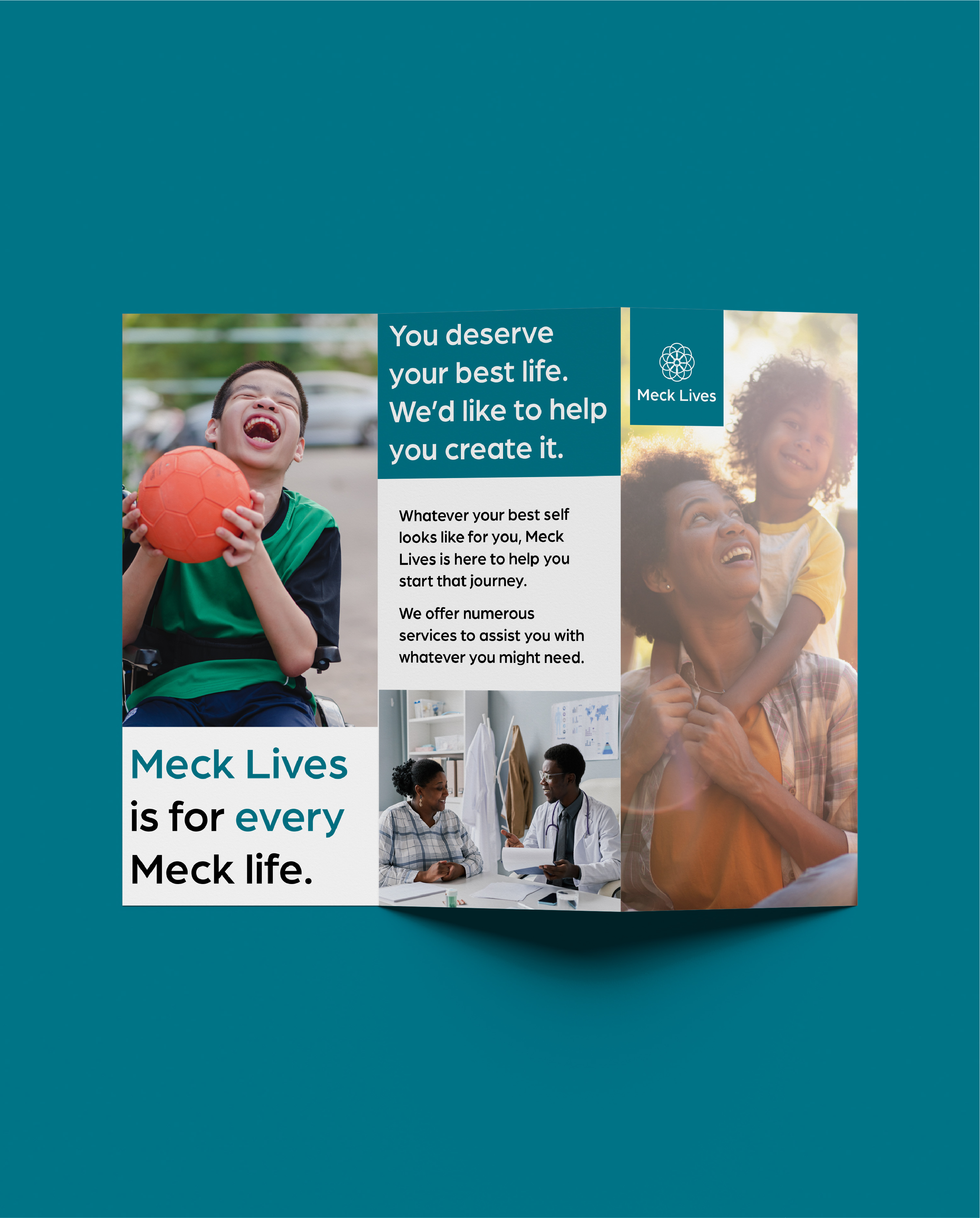 An image of a mockup of a brochure with several stock images and the Meck Lives branding