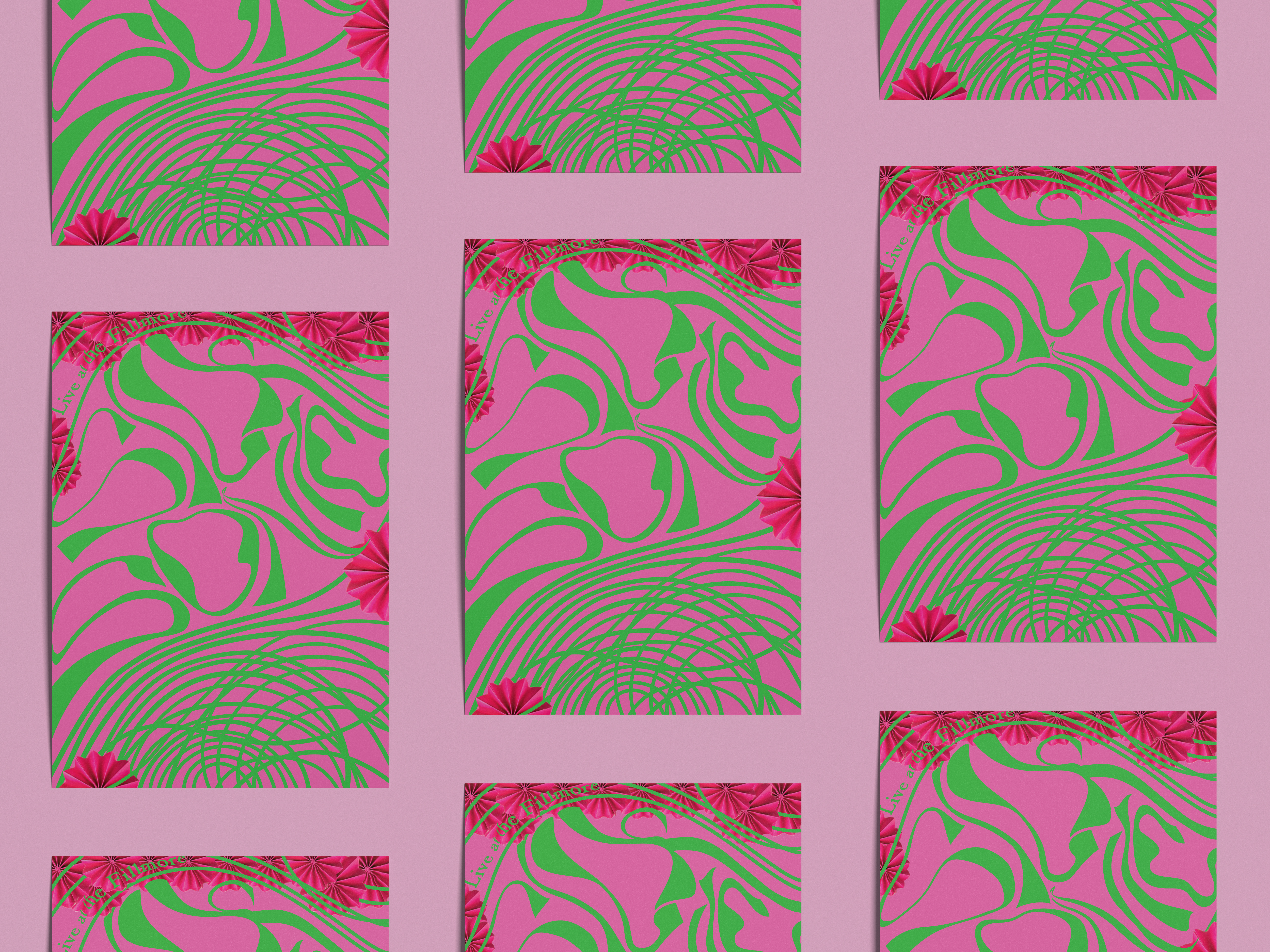 An image of a mockup of a pink and green Psychedlic style poster against a light pink background