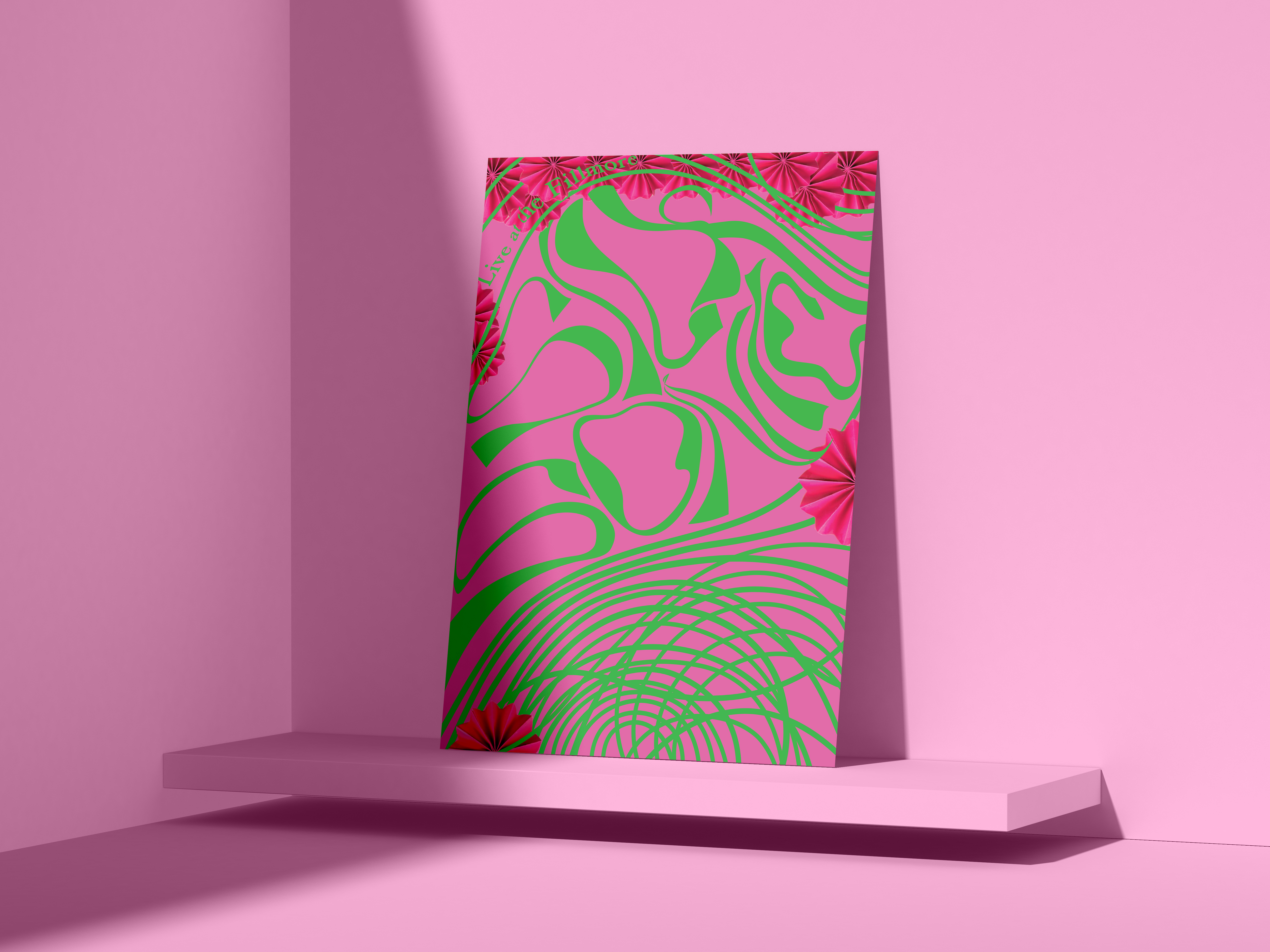 An image of a mockup of a pink and green Psychedlic style poster against a light pink background