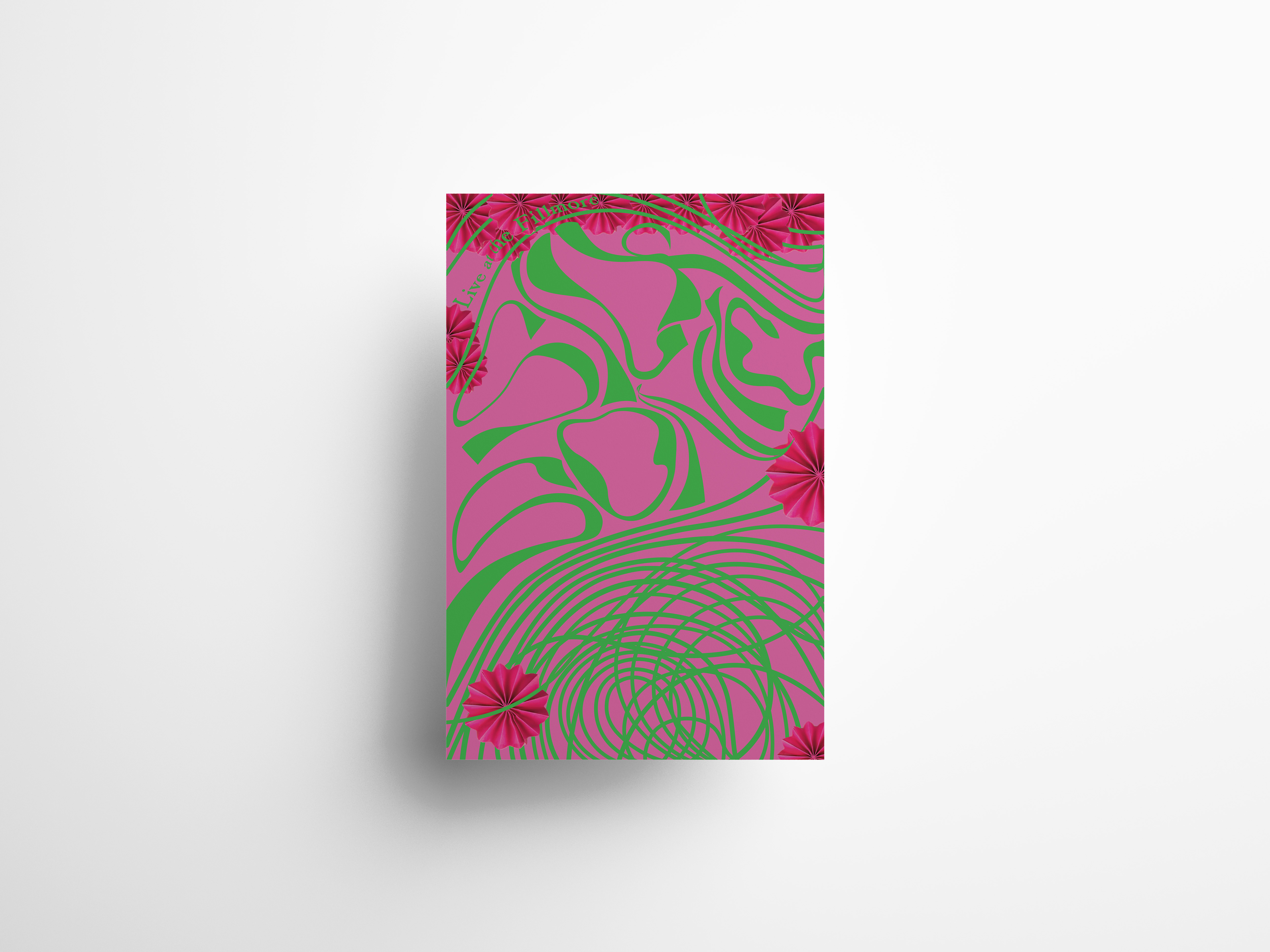 An image of a grid of several mockups of pink and green Psychedelic style posters