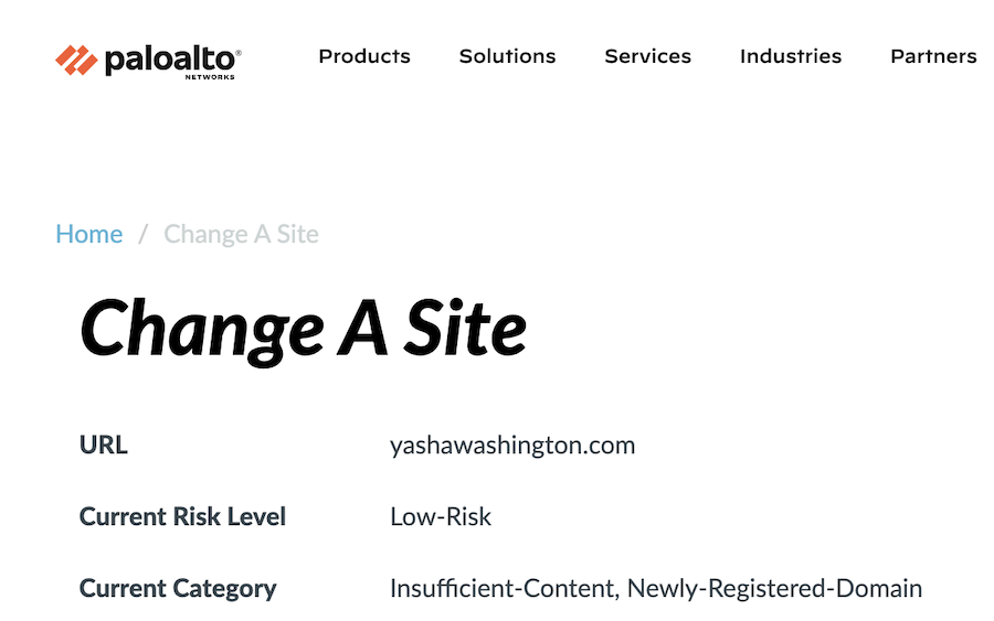 A screenshot showing that yashawashington.com is categorized as a low risk site and currently in the insufficient content and newly registered domain category