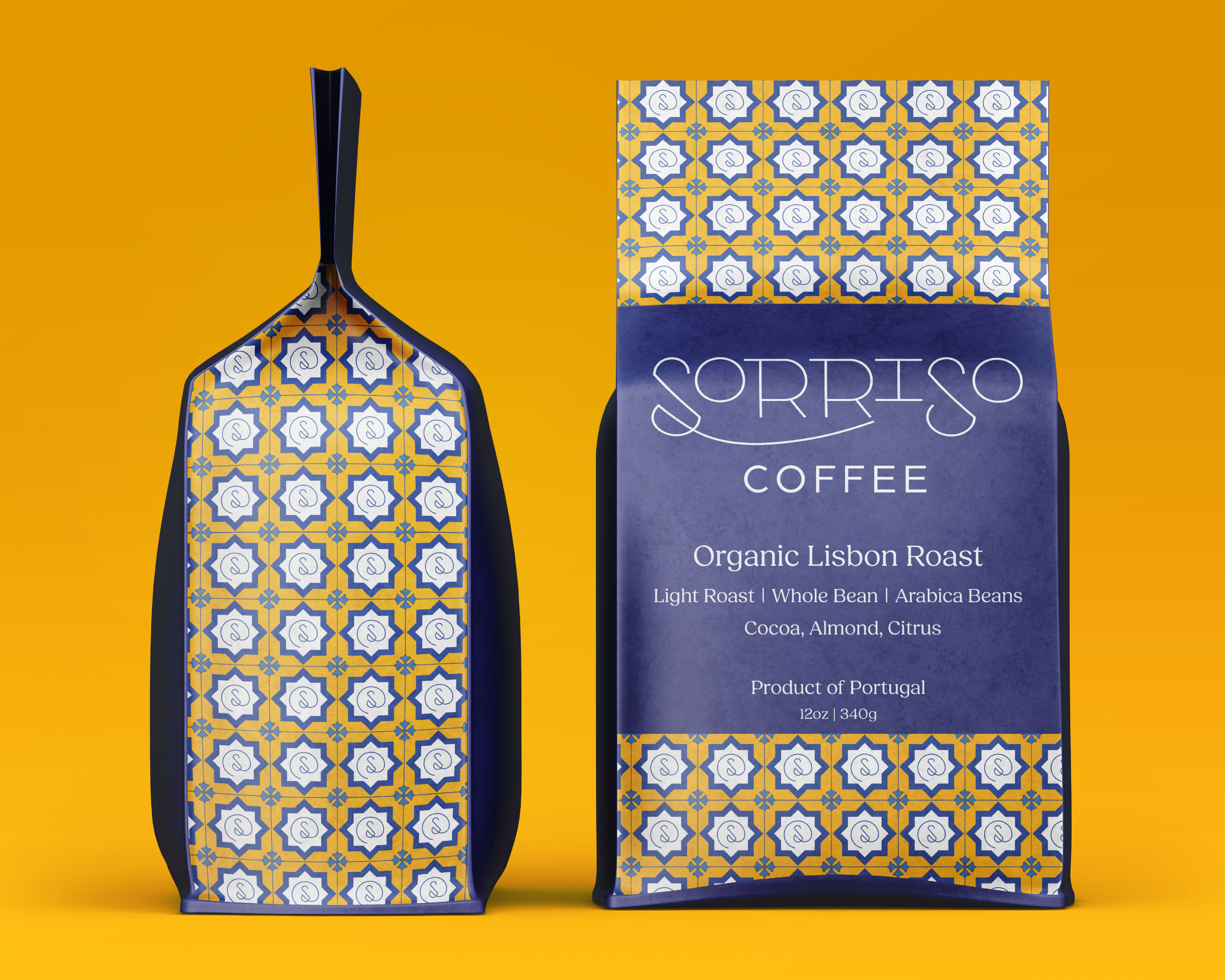 An image of my final coffee bean packaging design for Sorriso Coffee