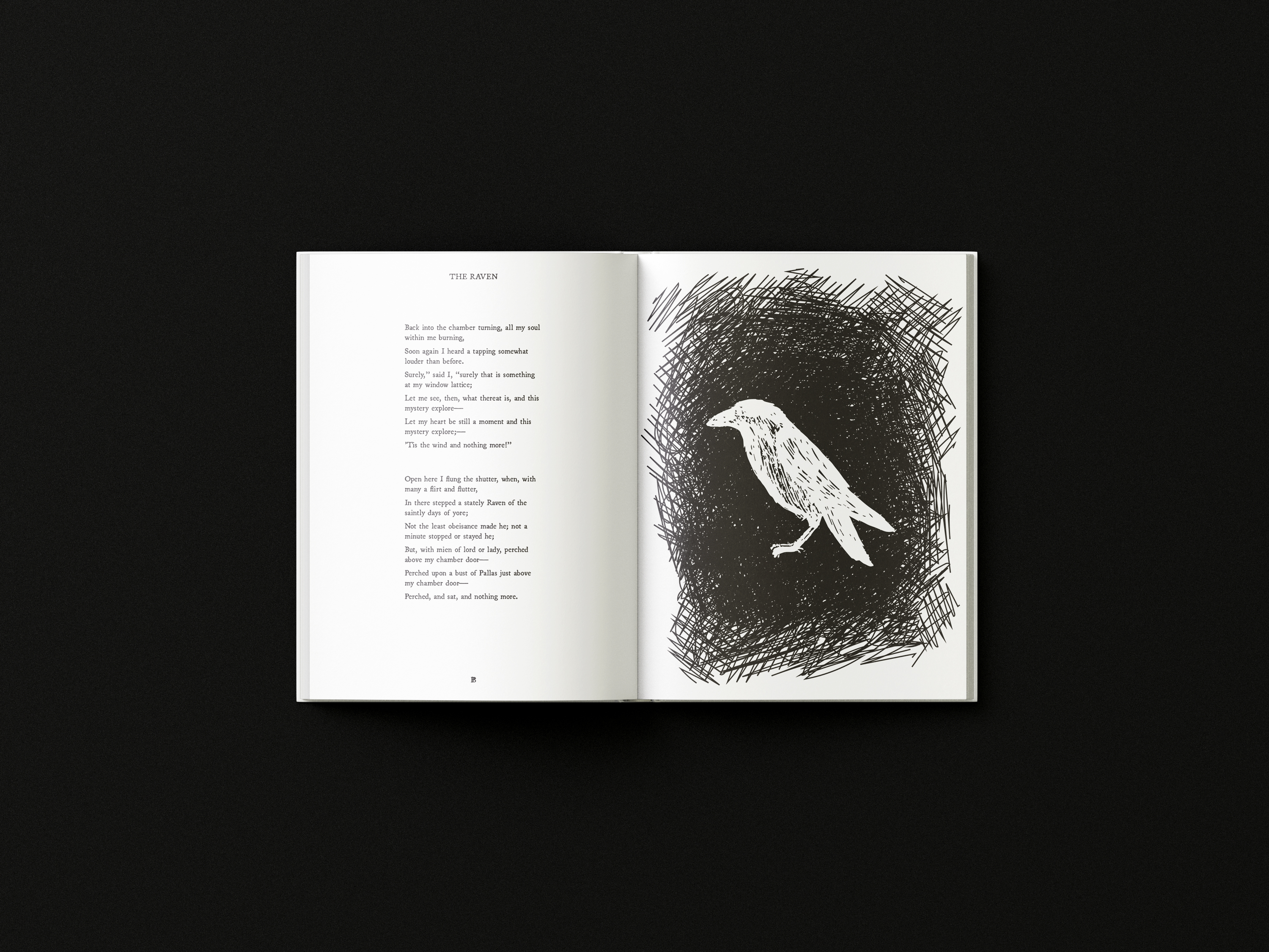 An image of a mockup of an interior spread showing an illustration of a raven on the right side and text on the left